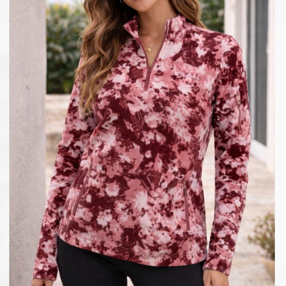 Columbia Pink Maroon Floral Quarter Zip Pullover Jacket Womens Size L